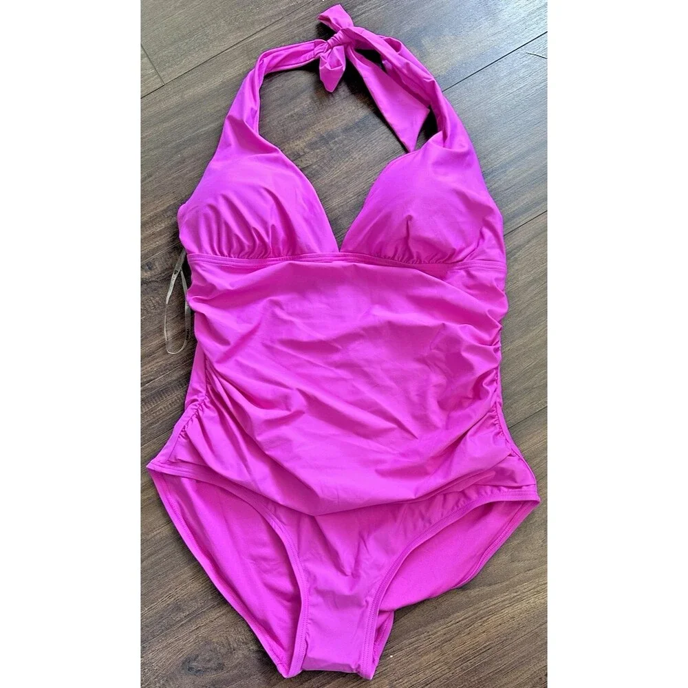 DKNY Women's Tie-Back Halter-Style Plunge neckline one piece swimsuit Pink L - Picture 5 of 9